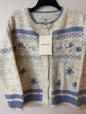 Rosie Posie Cream and Blue Floral Knit Cardigan Small VERY CUTE